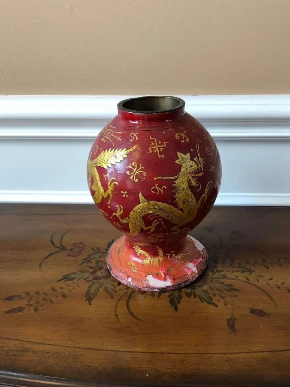 Antique Asian Sadek Sons paper mache red gold dragon vase - as is